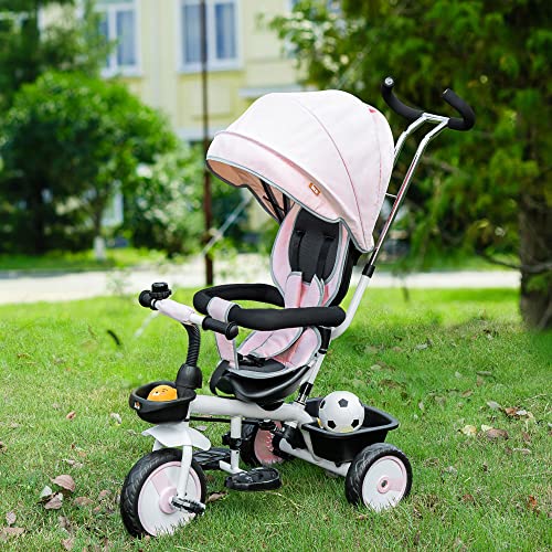 HOMCOM Triciclo Bebé 2 en 1 Triciclo Evolutivo para Niños de +12 Meses con Asiento Reversible Capota Plegable Mango de Empuje Telescópico y Barra Extraíble 100x48x106 cm Rosa