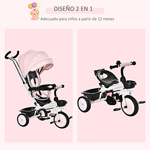 HOMCOM Triciclo Bebé 2 en 1 Triciclo Evolutivo para Niños de +12 Meses con Asiento Reversible Capota Plegable Mango de Empuje Telescópico y Barra Extraíble 100x48x106 cm Rosa