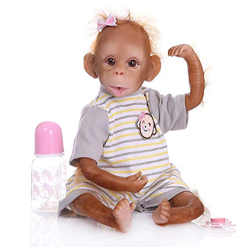 homese Realistic Baby Monkey Doll 16 pulgadas 40 cm Realista Reborn Baby Monkey Hecho a mano Pintura detallada Muñecas de arte con camiseta de rayas amarillas