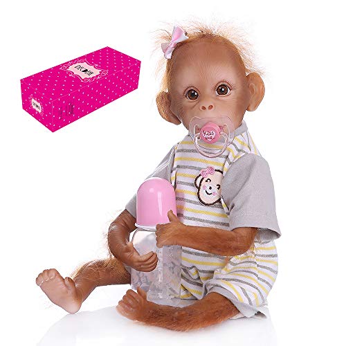 homese Realistic Baby Monkey Doll 16 pulgadas 40 cm Realista Reborn Baby Monkey Hecho a mano Pintura detallada Muñecas de arte con camiseta de rayas amarillas