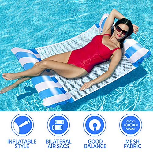 HONGECB Hamaca Flotante Piscina, Hamaca de Agua Colchoneta Hinchable, Cama Flotante de Agua Plegado, Hamaca de Agua 4 en 1, Hamaca Inflable Flotante, para Piscina para Adultos, niños, Rayas Azules