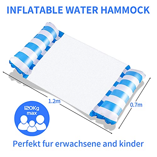 HONGECB Hamaca Flotante Piscina, Hamaca de Agua Colchoneta Hinchable, Cama Flotante de Agua Plegado, Hamaca de Agua 4 en 1, Hamaca Inflable Flotante, para Piscina para Adultos, niños, Rayas Azules