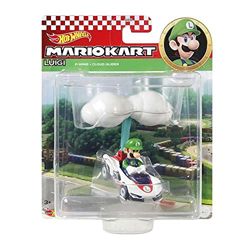 Hot Wheels Die-Cast Mario Kart Luigi in P-Wing Kart with Cloud Glider