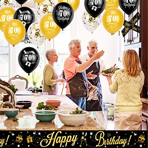 HOWAF Kit de decoración cumpleaños, 2,7 m Pancarta holográfica de Feliz cumpleaños y 70 cumpleaños Globos de Latex para Mujer y Hombre 70 cumpleaños decoración Fiesta de Suministros, Oro Negro