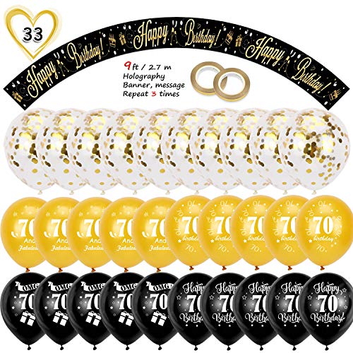 HOWAF Kit de decoración cumpleaños, 2,7 m Pancarta holográfica de Feliz cumpleaños y 70 cumpleaños Globos de Latex para Mujer y Hombre 70 cumpleaños decoración Fiesta de Suministros, Oro Negro