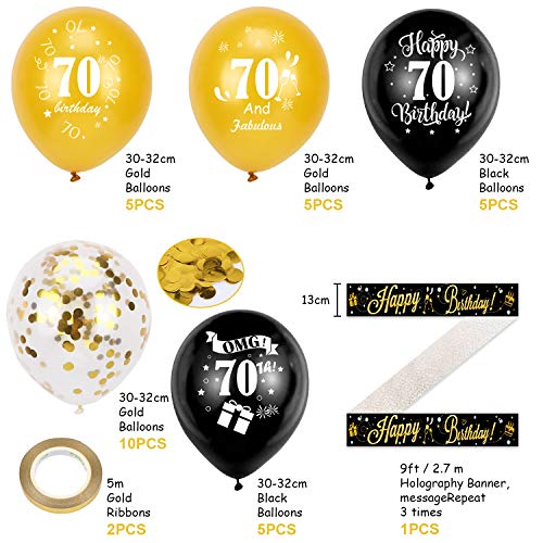 HOWAF Kit de decoración cumpleaños, 2,7 m Pancarta holográfica de Feliz cumpleaños y 70 cumpleaños Globos de Latex para Mujer y Hombre 70 cumpleaños decoración Fiesta de Suministros, Oro Negro