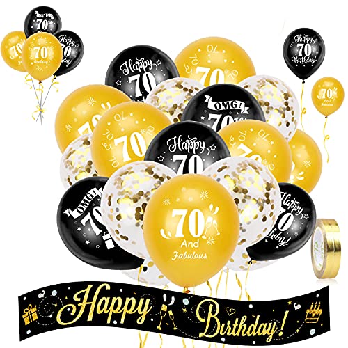 HOWAF Kit de decoración cumpleaños, 2,7 m Pancarta holográfica de Feliz cumpleaños y 70 cumpleaños Globos de Latex para Mujer y Hombre 70 cumpleaños decoración Fiesta de Suministros, Oro Negro