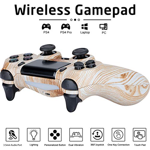 Hppbody Mando para PS4, Controlador Inalámbrico para Playstation 4, Panel Táctil Gamepad con Doble Vibración y Función de Audio, Agarre Antideslizante y Panel Táctil LED, Wood Grain Color