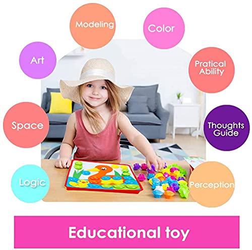 HUYIYI Tablero de Mosaicos Infantiles, Puzzle 3D, Rompecabezas Niños de Uñas Setas, Tablero de Coincidir Colores con 35 Botones y 12 imágenes, Juguete Educativo Temprano para niños y bebés de 3+años