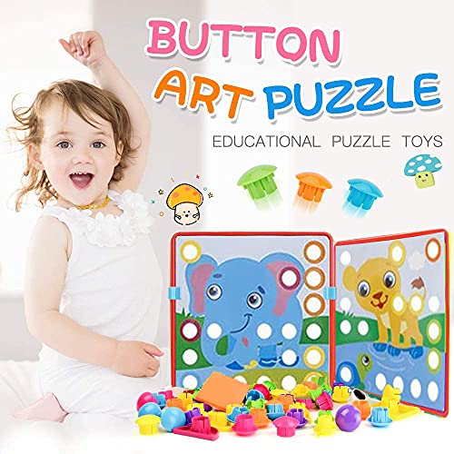 HUYIYI Tablero de Mosaicos Infantiles, Puzzle 3D, Rompecabezas Niños de Uñas Setas, Tablero de Coincidir Colores con 35 Botones y 12 imágenes, Juguete Educativo Temprano para niños y bebés de 3+años