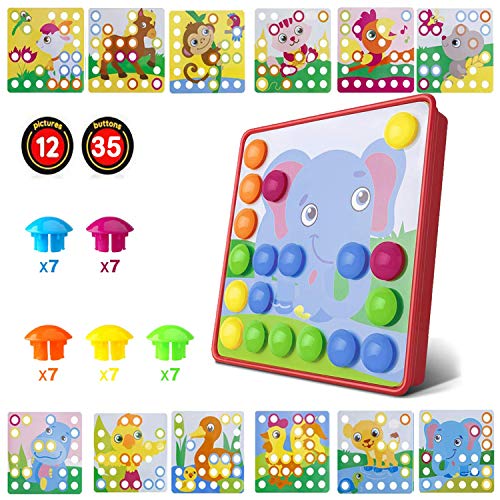 HUYIYI Tablero de Mosaicos Infantiles, Puzzle 3D, Rompecabezas Niños de Uñas Setas, Tablero de Coincidir Colores con 35 Botones y 12 imágenes, Juguete Educativo Temprano para niños y bebés de 3+años