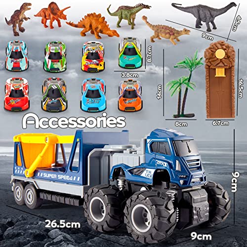 HYAKIDS 3 en 1 Camión Transportador de Dinosaurios Transportador de Coches con 6 Mini Dinosaurios Figuras y 8 Tire hacia Atrás Coches Regalos para Niños Niñas 3 4 5 Años