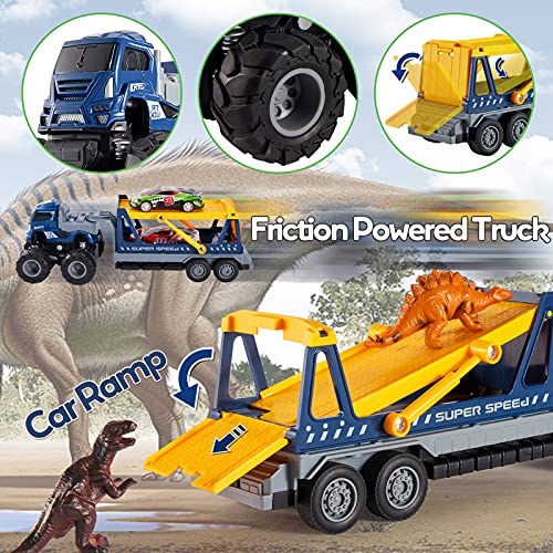 HYAKIDS 3 en 1 Camión Transportador de Dinosaurios Transportador de Coches con 6 Mini Dinosaurios Figuras y 8 Tire hacia Atrás Coches Regalos para Niños Niñas 3 4 5 Años