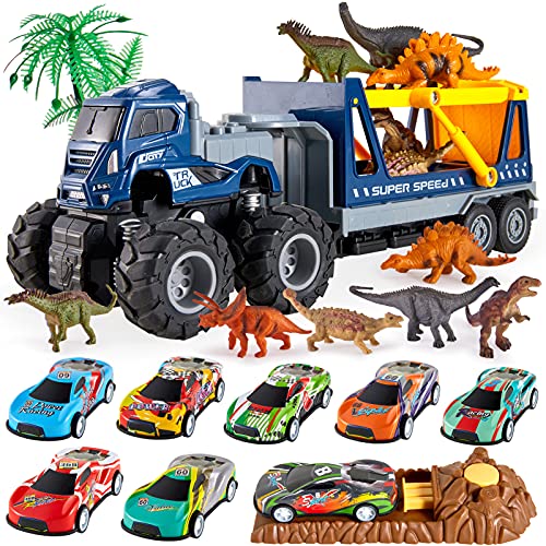 HYAKIDS 3 en 1 Camión Transportador de Dinosaurios Transportador de Coches con 6 Mini Dinosaurios Figuras y 8 Tire hacia Atrás Coches Regalos para Niños Niñas 3 4 5 Años