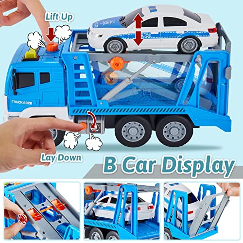 HYAKIDS Camión de Remolque O Camión Grúa con Coche de Policía, Vehiculos de Construccion Grandes con Función de Bomba de Aire & Luces y Sonidos, Coche de Fricción Regalos para Niños 3 4 5 Años