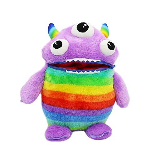 I LOVE FANCY DRESS LTD Paquete de 4 juguetes suaves de peluche con diseño de monstruos de Worry Yummy Monster, tamaño grande, 40 cm, color azul, rojo y verde con cremallera morada