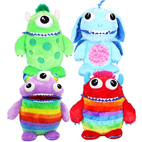 I LOVE FANCY DRESS LTD Paquete de 4 juguetes suaves de peluche con diseño de monstruos de Worry Yummy Monster, tamaño grande, 40 cm, color azul, rojo y verde con cremallera morada