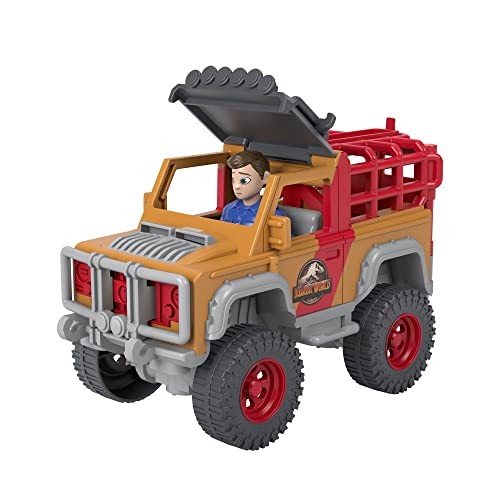 Imaginext Jurassic World Dinosaurios fugitivos Muñeco con 3 dinosaurios y coche de juguete, regalo para niños +3 años (Mattel HCR94)