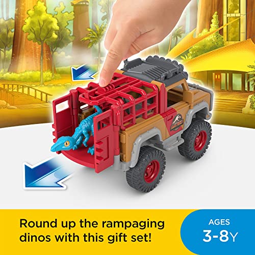 Imaginext Jurassic World Dinosaurios fugitivos Muñeco con 3 dinosaurios y coche de juguete, regalo para niños +3 años (Mattel HCR94)