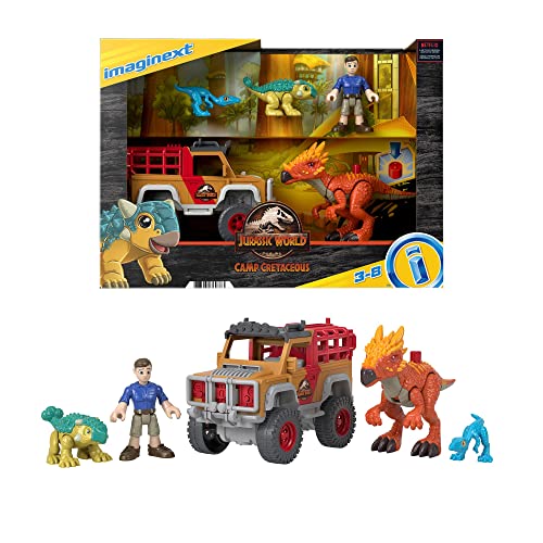 Imaginext Jurassic World Dinosaurios fugitivos Muñeco con 3 dinosaurios y coche de juguete, regalo para niños +3 años (Mattel HCR94)