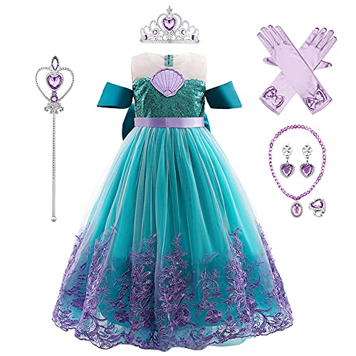 IMEKIS Niñas Vestido de Sirenita Princesa Lentejuelas Tutu Halloween Cosplay Disfraz de Carnaval de Navidad con Accesorios Traje de Fiesta de Cumpleaños de Lujo Verde 5-6 años