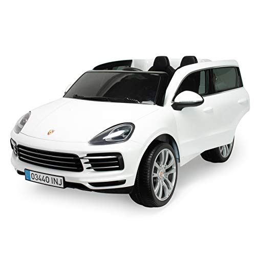 INJUSA - Coche Porsche Cayenne S 12V Blanco para Niños +3 Años con Apertura de Puertas Cambio de Marchas Luces y Sonidos