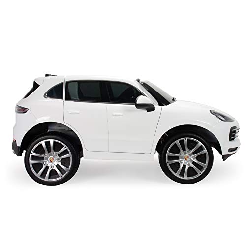 INJUSA - Coche Porsche Cayenne S 12V Blanco para Niños +3 Años con Apertura de Puertas Cambio de Marchas Luces y Sonidos