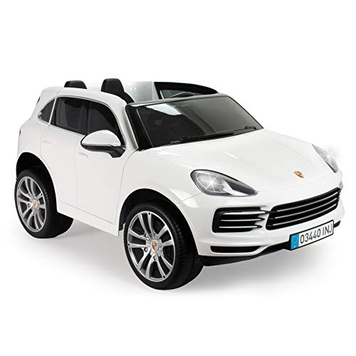 INJUSA - Coche Porsche Cayenne S 12V Blanco para Niños +3 Años con Apertura de Puertas Cambio de Marchas Luces y Sonidos