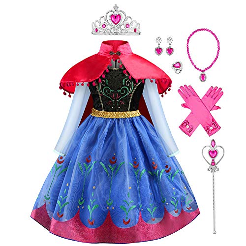 IWEMEK Disfraz Anna Niña Vestido de Princesa Ana con Capa Accesorios Set Traje Carnaval Halloween Navidad Fiesta Theme Fancy Dress Costume Regalos de cumpleaños Outfits Azul Set 2-3 años