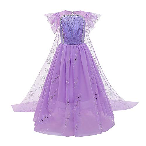 IWEMEK - Disfraz de princesa Elsa con capa + accesorios de Frozen, 2 disfraz de carnaval Halloween y Navidad, vestido de fiesta de cumpleaños para niños de 4 a 9 años, Morado Set, 4-5 Años