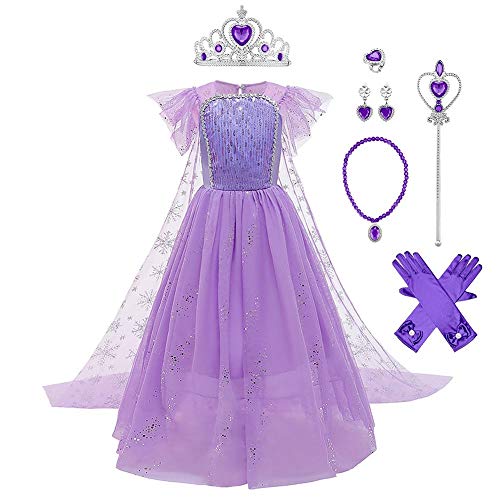 IWEMEK - Disfraz de princesa Elsa con capa + accesorios de Frozen, 2 disfraz de carnaval Halloween y Navidad, vestido de fiesta de cumpleaños para niños de 4 a 9 años, Morado Set, 4-5 Años