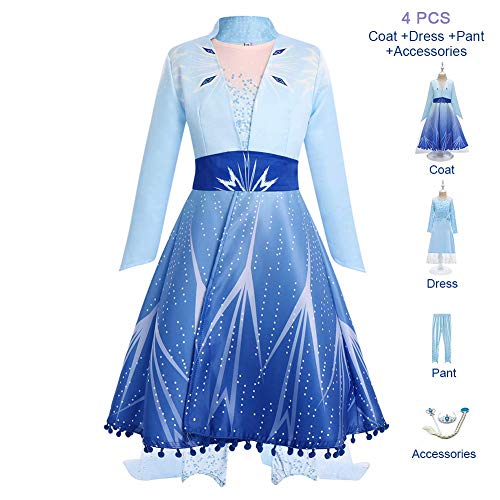 IWEMEK Disfraz Elsa Vestido de Princesa con Abrigo Capa y Accesorios Reina Nieves Traje Carnaval Halloween Navidad Fiesta de Cumpleaños Disfraces para Niñas #02 Trajes Azules 4-5 años