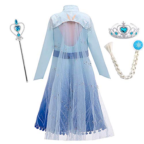 IWEMEK Disfraz Elsa Vestido de Princesa con Abrigo Capa y Accesorios Reina Nieves Traje Carnaval Halloween Navidad Fiesta de Cumpleaños Disfraces para Niñas #02 Trajes Azules 4-5 años