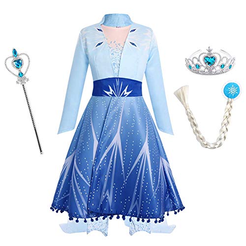 IWEMEK Disfraz Elsa Vestido de Princesa con Abrigo Capa y Accesorios Reina Nieves Traje Carnaval Halloween Navidad Fiesta de Cumpleaños Disfraces para Niñas #02 Trajes Azules 4-5 años