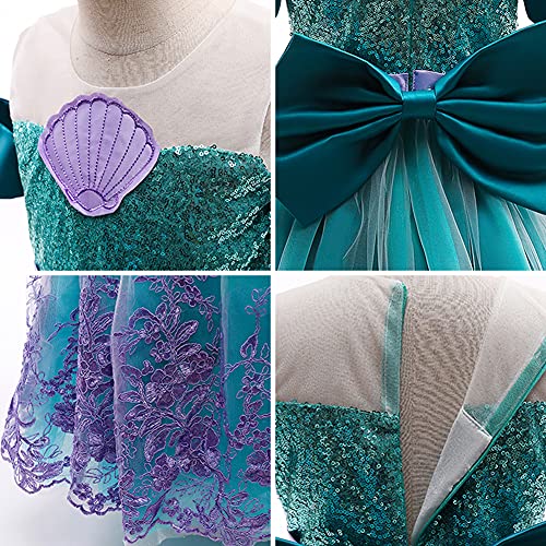 IWEMEK Niñas Disfraz de Sirenita Ariel Vestido de Princesa con Accesorios Cuento de Hadas Cosplay Navidad Halloween Carnaval Disfraz Disfraces Trajes de Fiesta Verde Set 5-6 años