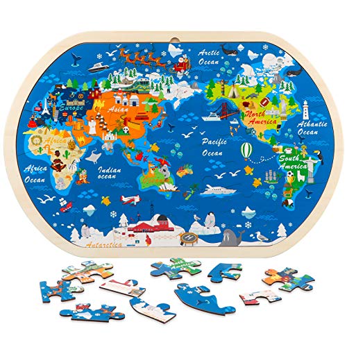 Jacootoys Puzzles de Madera Educación Juguetes Bebes 31 Piezas Rompecabezas del Mapa del Mundo para Niños de 3 a 6 años