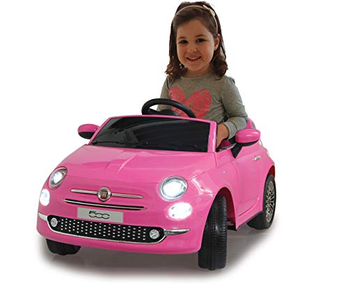 Jamara 460443 – Ride-on Fiat 500 Fucsia 12V - Arranque Suave sin Llave, MicroSD, AUX, USB, Faro LED, Ruidos, Claxon, 2 Motores potentes, Batería Potente, Ruedas Ultra-Grip