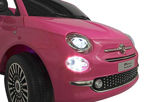 Jamara 460443 – Ride-on Fiat 500 Fucsia 12V - Arranque Suave sin Llave, MicroSD, AUX, USB, Faro LED, Ruidos, Claxon, 2 Motores potentes, Batería Potente, Ruedas Ultra-Grip