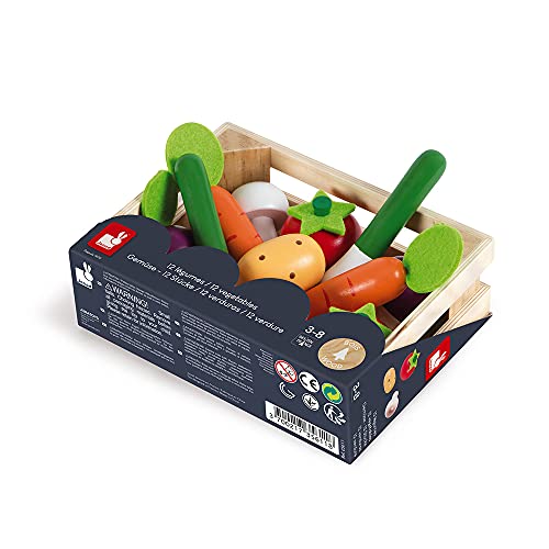 Janod - Caja con 12 Verduras de Madera, para Jugar A Tomar el Café, A Cocinar O A las Tiendas - Desde Los 3 Años, J05611