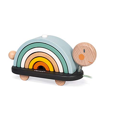 Janod - Tortuga Arco iris de madera - Juego de Aprendizaje Infantil, 6 Círculos Apilables - Tortuga para tirar con la cuerda - Juguete de Madera, Pintura al Agua - A partir de 18 meses, J04405