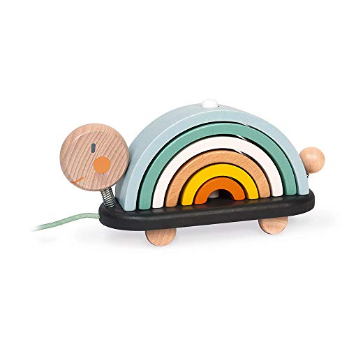 Janod - Tortuga Arco iris de madera - Juego de Aprendizaje Infantil, 6 Círculos Apilables - Tortuga para tirar con la cuerda - Juguete de Madera, Pintura al Agua - A partir de 18 meses, J04405