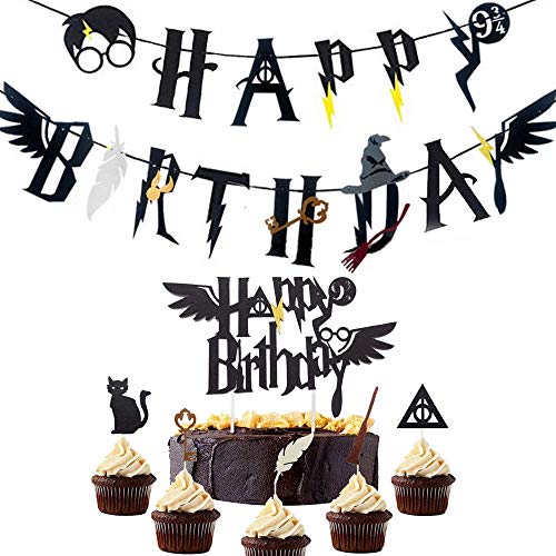 JeVenis Set de 17 Wizard Happy Birthday Banner Wizard Birthday Party Supplies Wizard Cake Topper para Wizard Party Decorations