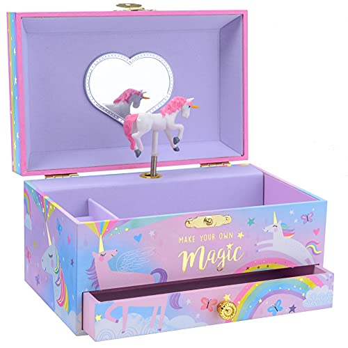 Jewelkeeper - Caja Musical para Joyas para Niñas, con Unicornio Algodón de Azúcar, con Cajón Extraíble - Over The Rainbow