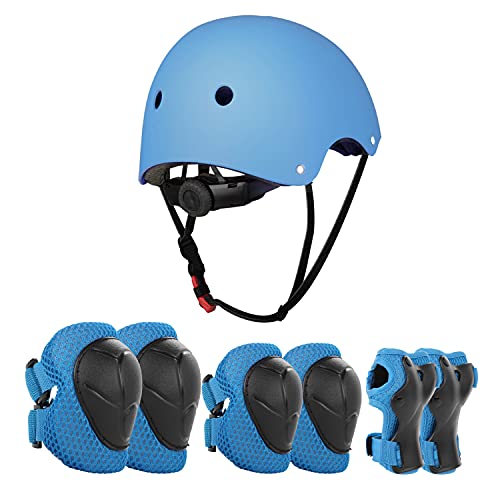 JIM'S STORE Casco y Protecciones Ajustable Infantiles Set Rodilleras Coderas para Bicicleta Scooter Ciclismo Rodillo Patinaje(Azul)