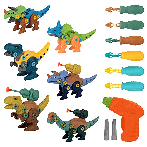 Joyhoop Dinosaurios Juguetes para Niños con Caja de Almacenamiento Taladro Eléctrico, 6pcs Dinosaurios Juegos Construccion Juguete Niños Dducativos Regalos para Niños Niñas.