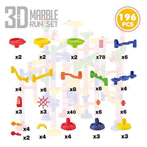 JOYIN 196 Piezas de Marble Run Conjunto Compacto, de construcción Building Blocks Juguetes, Tallo Juguete de Aprendizaje, (156 Piezas de plástico translúcido + 40 mármoles de Cristal)