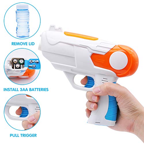 JOYIN 2 Pistola de Burbujas de Colores con 4 Botellas de Soluciones de Burbujas (50 ml) para Niños, Juegos en Interiores y Exteriores.