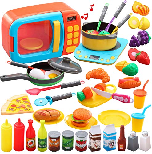 JOYIN 45 piezas Microwave Cooking Play Toy with Pretend Cutting Food Toy & Utensilio Kitchen Play Set for Kids