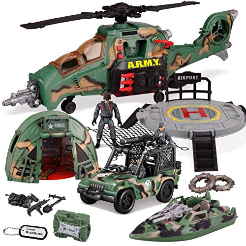 JOYIN Juego de Juguete de Helicóptero de Combate Militar 10 en 1 con Juguetes de Vehículos Militares y Figuras de Acción Militar, Luces y Sonidos Realistas, para Juguetes de Combate Imaginativos