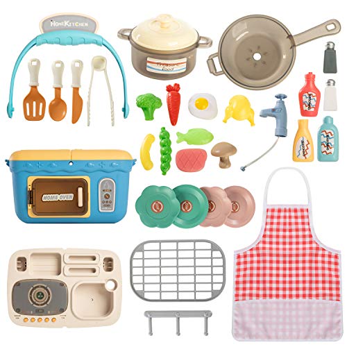 JOYIN Juego de Picnic para Cocina, portátil, Cesta de pícnic, Juguetes con música y Luces, Cambio de Color, Juego de Alimentos, Fregadero de Cocina y Horno de Juego, Juegos de Juguetes de Cocina